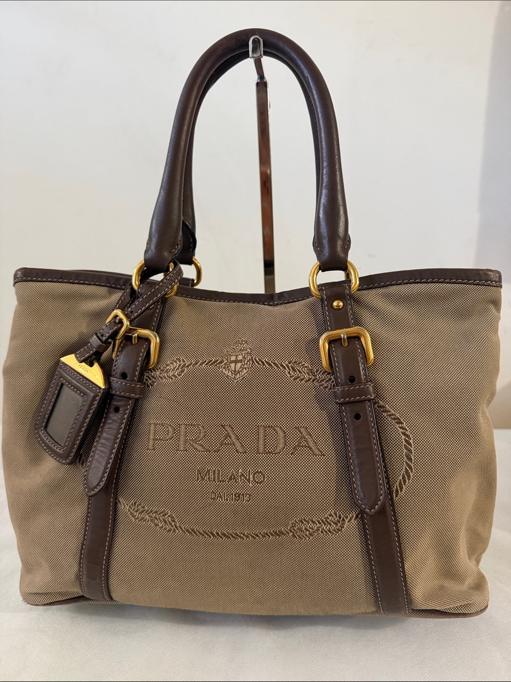 Prada Jacquard Brown Canvas & Dark Brown Leather Messenger Tote